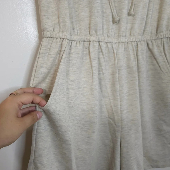 TACERA French Terry Sleeveless Beige Summer Romper, Tie Neck Front, Pockets, M, - Picture 7 of 15